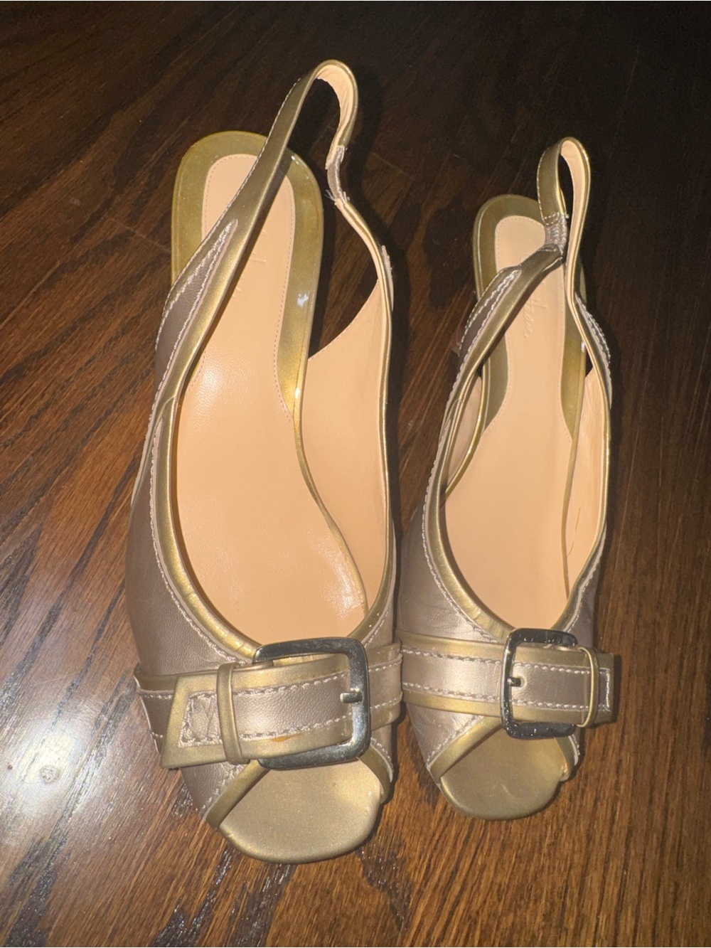 Cole Haan Metallic Taupe Slingback Peep-Toe Heels with Buckle